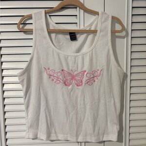 SHEIN White Tank Top with Pink Embroidered Butterfly